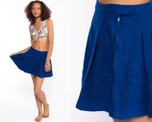 70s Blue Wool Pleated Mini Skirt High Waist Mod Preppy Extra Small