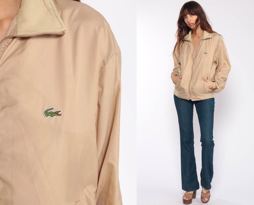 80s Lacoste Tan Windbreaker Jacket Crocodile Zip Bomber Large