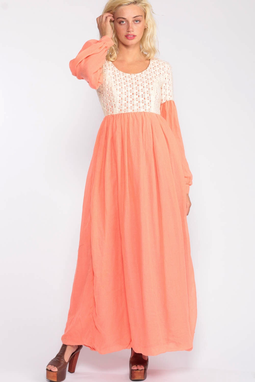 70s Crochet Lace Maxi Dress Peach Empire Waist Party Gown Extra Small