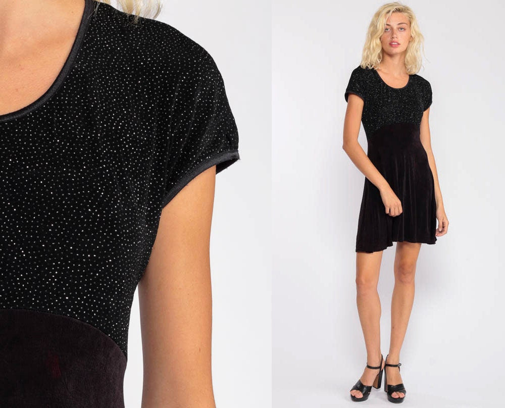 90s Black Metallic Babydoll Mini Dress Empire Waist Short Sleeve Medium