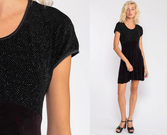 90s Black Metallic Babydoll Mini Dress Empire Waist Short Sleeve Medium