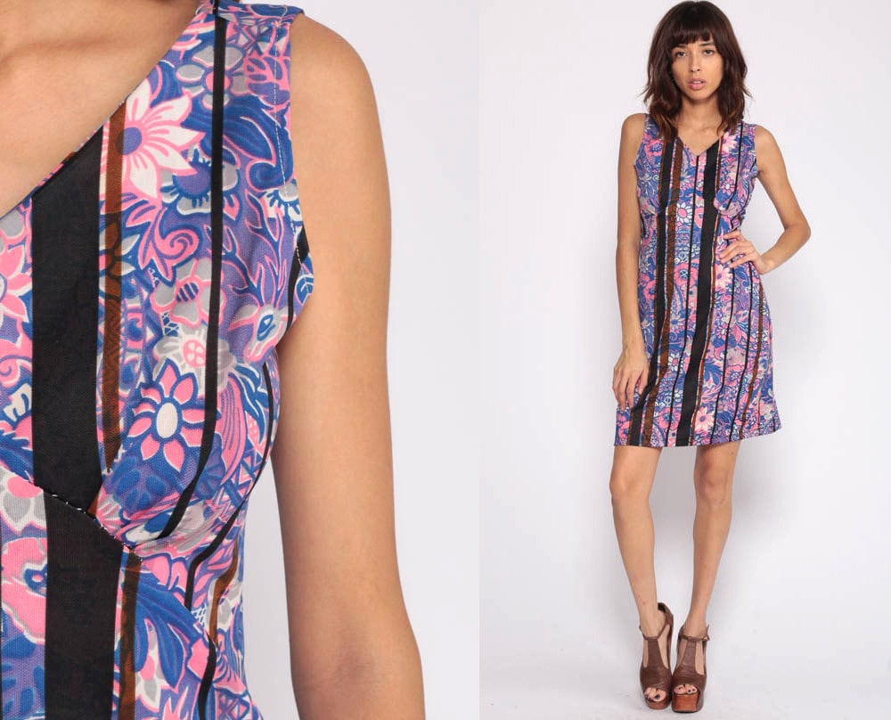 70s Purple Blue Floral Mini Dress Empire Waist Sheath Sleeveless Medium