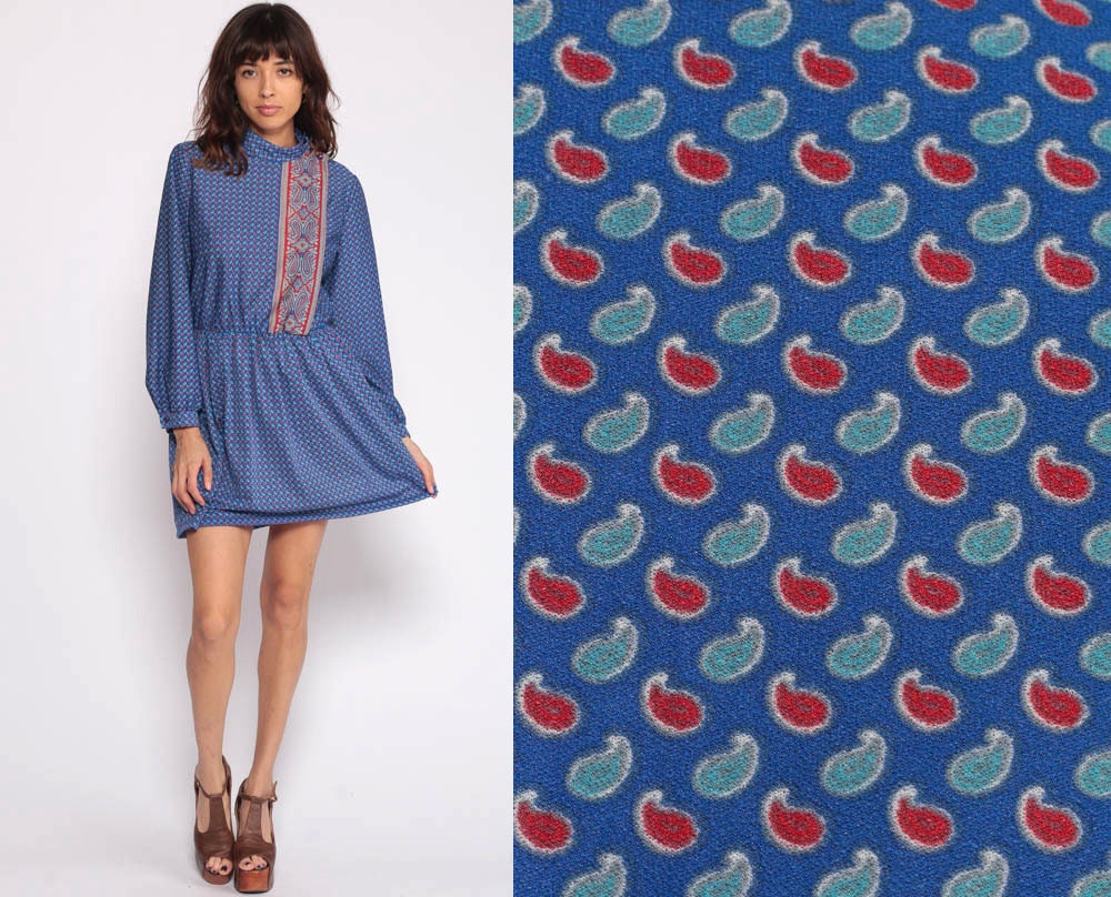 70s Paisley Print Midi Dress Blue Red Button-Up Long Sleeve Medium Large