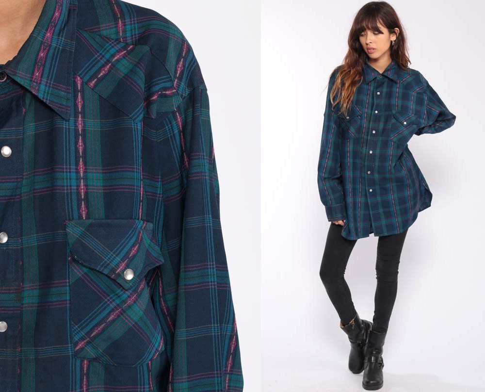 80s Pendleton Blue Plaid Pearl Snap Western Shirt Extra Large XL