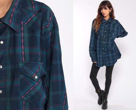 80s Pendleton Blue Plaid Pearl Snap Western Shirt Extra Large XL