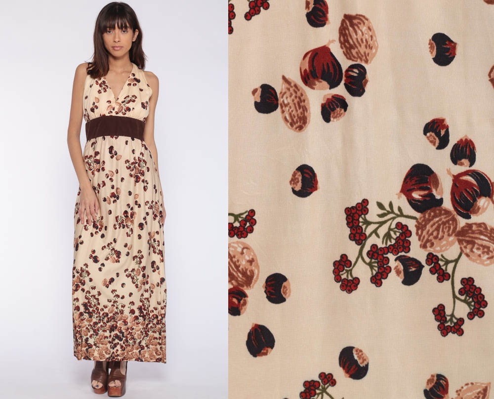 70s Hazelnut Print Maxi Dress Empire Waist Sleeveless Small