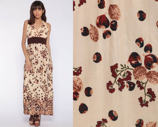 70s Hazelnut Print Maxi Dress Empire Waist Sleeveless Small