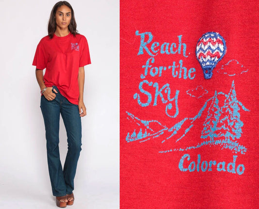 80s Colorado Hot Air Balloon Graphic T-Shirt Red Reach For The Sky Extra Large