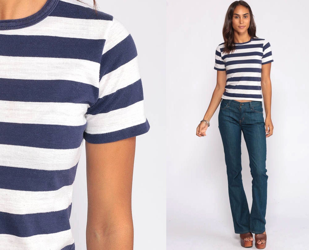 80s Munsingwear Striped Ringer T-Shirt Blue White Paper Thin Extra Small