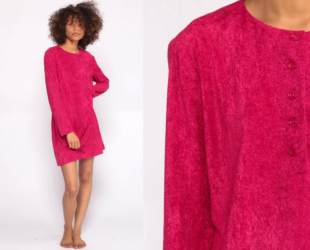 80s Hot Pink Terry Cloth Mini Dress Button Front Long Sleeve Shift Small