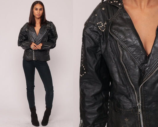 80s Black Leather Motorcycle Jacket Studded Dog Bone Biker Distressed Large XL