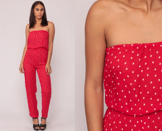 80s Strapless Jumpsuit Red Geometric High Waist Tapered Pant Small