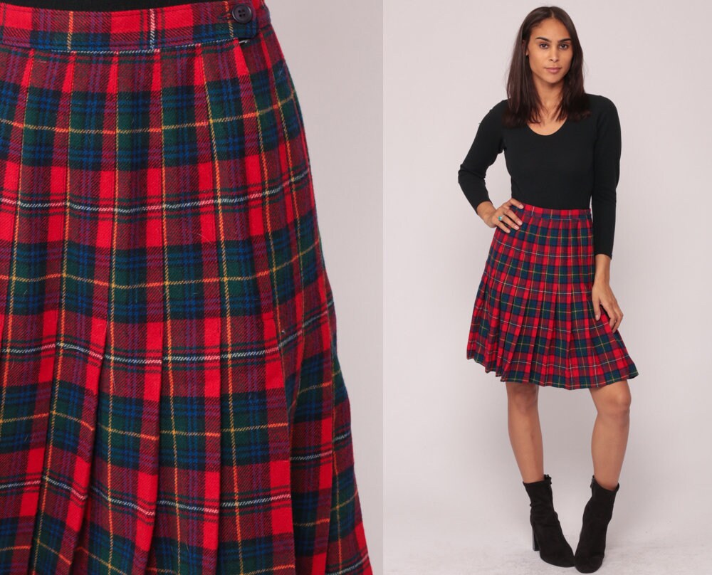 70s Pendleton Plaid Wool Mini Skirt High Waisted Pleated Red Extra Small