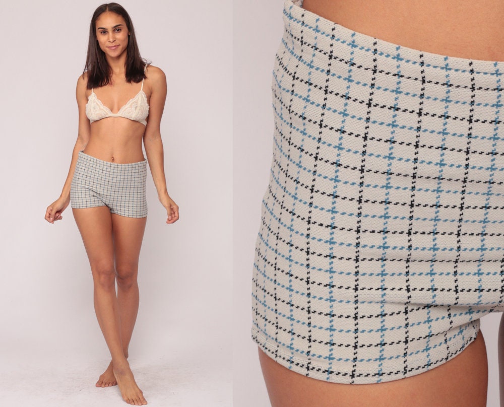70s Plaid High-Waisted Bikini Bottoms Grey Blue Black Mod Boyshort Small