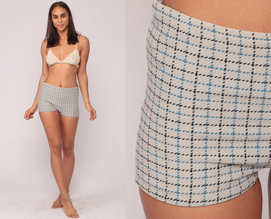 70s Plaid High-Waisted Bikini Bottoms Grey Blue Black Mod Boyshort Small