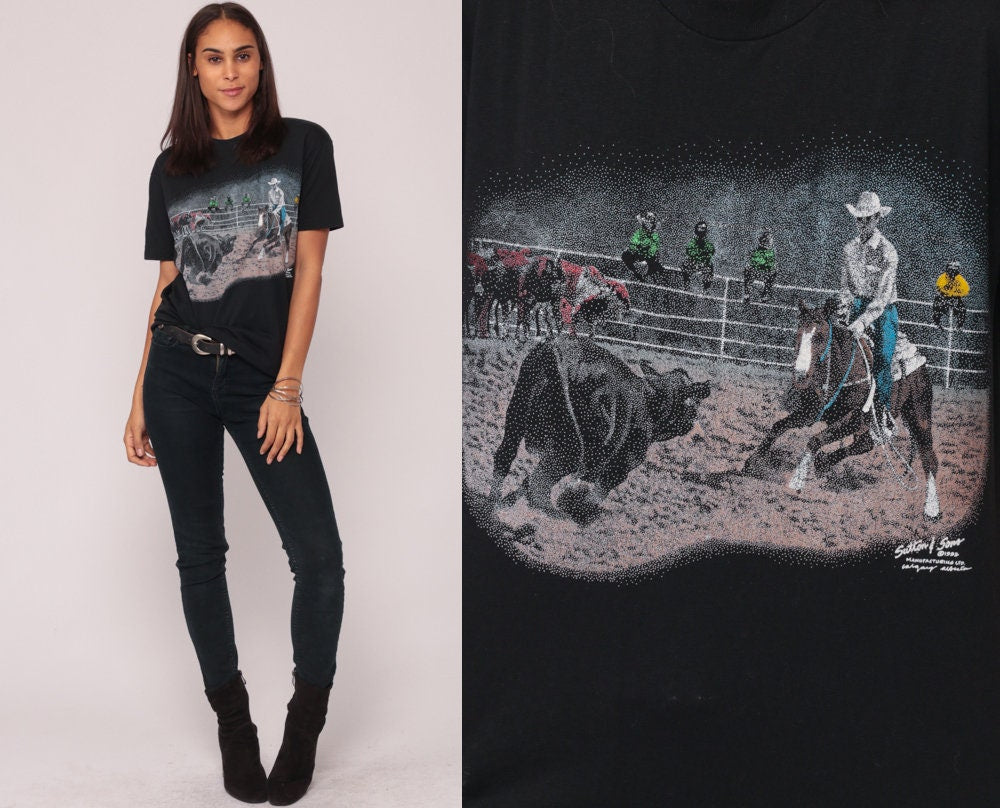 80s Cowboy Rodeo Horse Graphic T-Shirt Black Unisex Medium