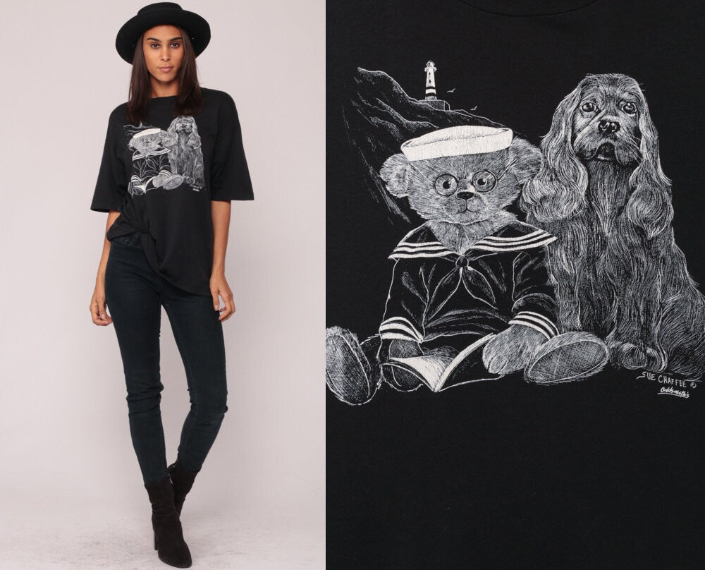 80s Teddy Bear Sailor Cocker Spaniel Graphic T-Shirt Black Extra Large