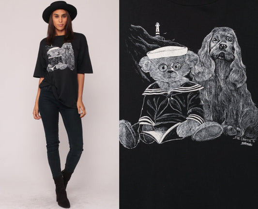 80s Teddy Bear Sailor Cocker Spaniel Graphic T-Shirt Black Extra Large