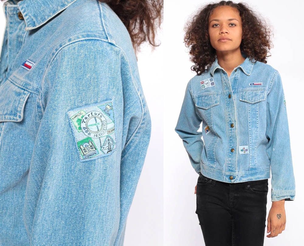 90s Blue Stone Wash Denim Jacket Patch Jean Jacket Extra Small XS