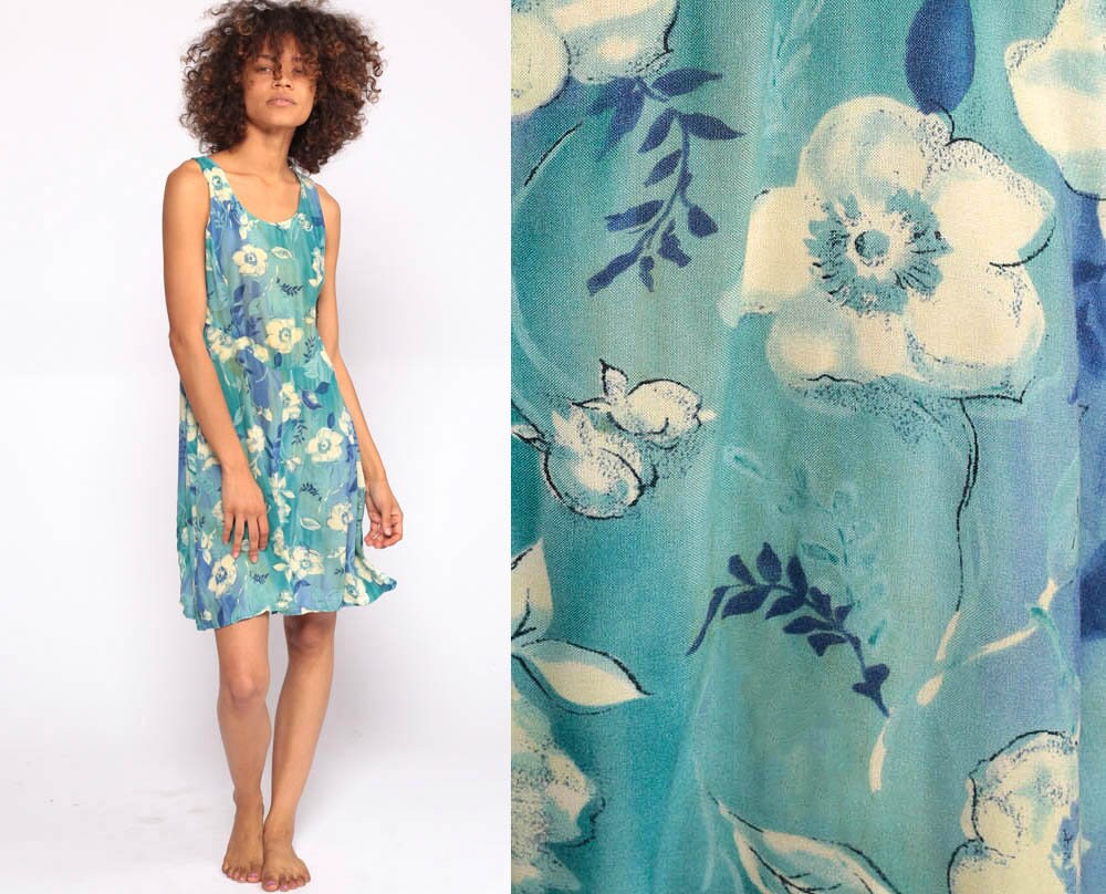 90s Floral Mini Dress Blue Yellow Sleeveless Sheath Corset Back Small Medium