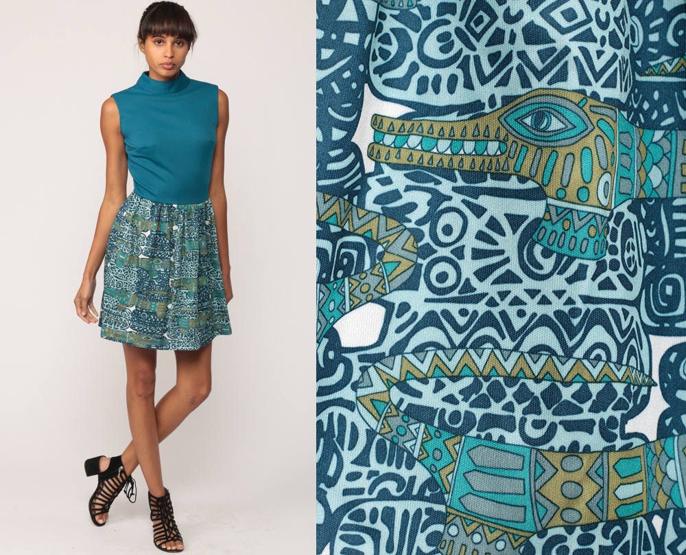 70s Alligator Print Mini Dress Blue Tribal Sleeveless High Waist Extra Small