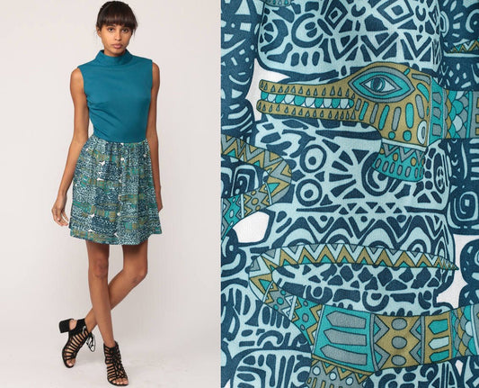 70s Alligator Print Mini Dress Blue Tribal Sleeveless High Waist Extra Small