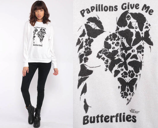 80s Butterfly Papillions Sweatshirt White Graphic Crewneck Extra Small