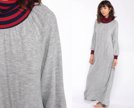80s Grey Turtleneck Sweatshirt Dress Maxi Long Sleeve Medium
