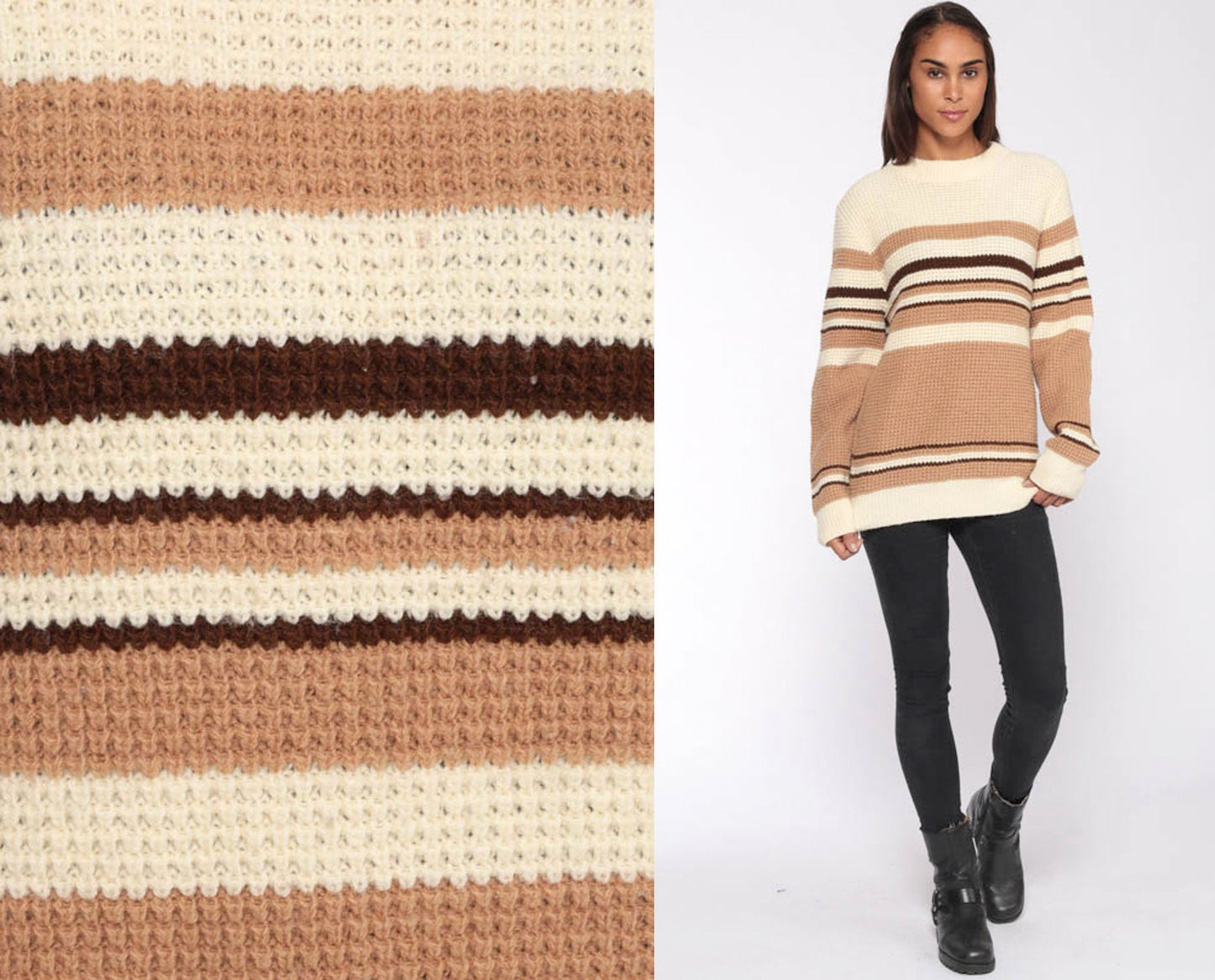 80s Cream Brown Striped Knit Pullover Sweater Unisex Small Medium