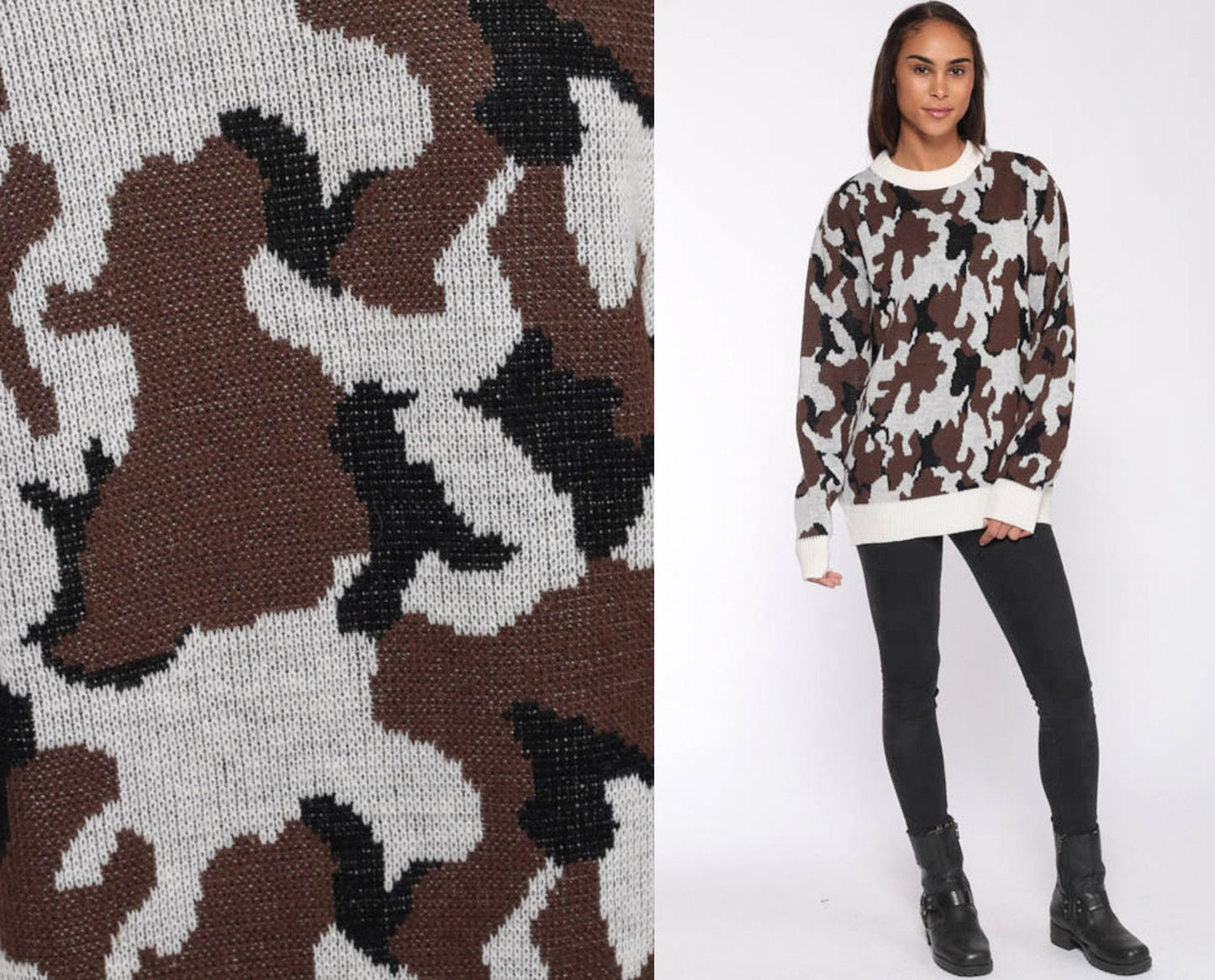 80s Camo Pullover Sweater Brown White Camouflage Knit Extra Large XXL