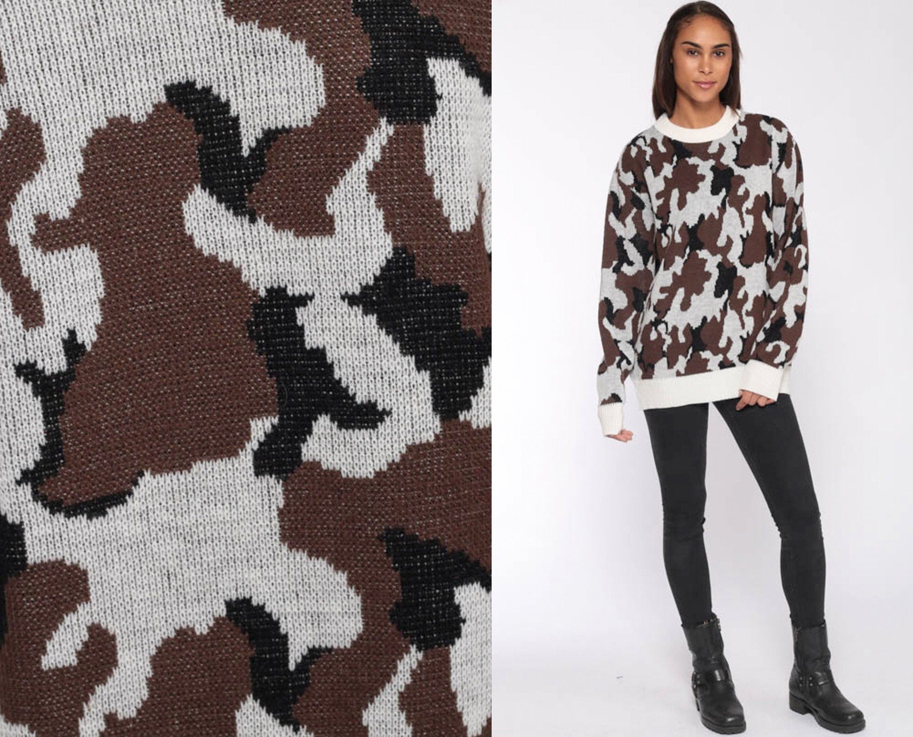 80s Camo Pullover Sweater Brown White Camouflage Knit Extra Large XXL