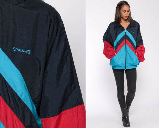 90s Spalding Windbreaker Jacket Navy Turquoise Colour Block Striped Extra Large
