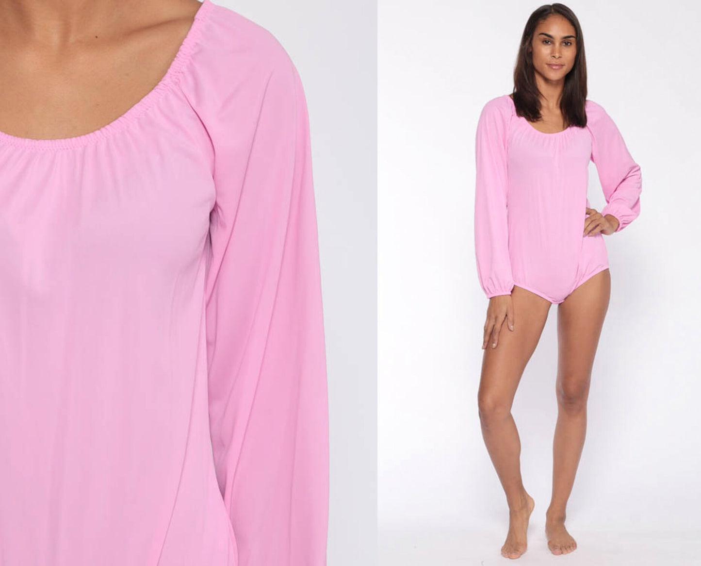 70s Pink Bodysuit Long Sleeve Nylon Leotard Small