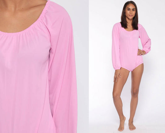 70s Pink Bodysuit Long Sleeve Nylon Leotard Small