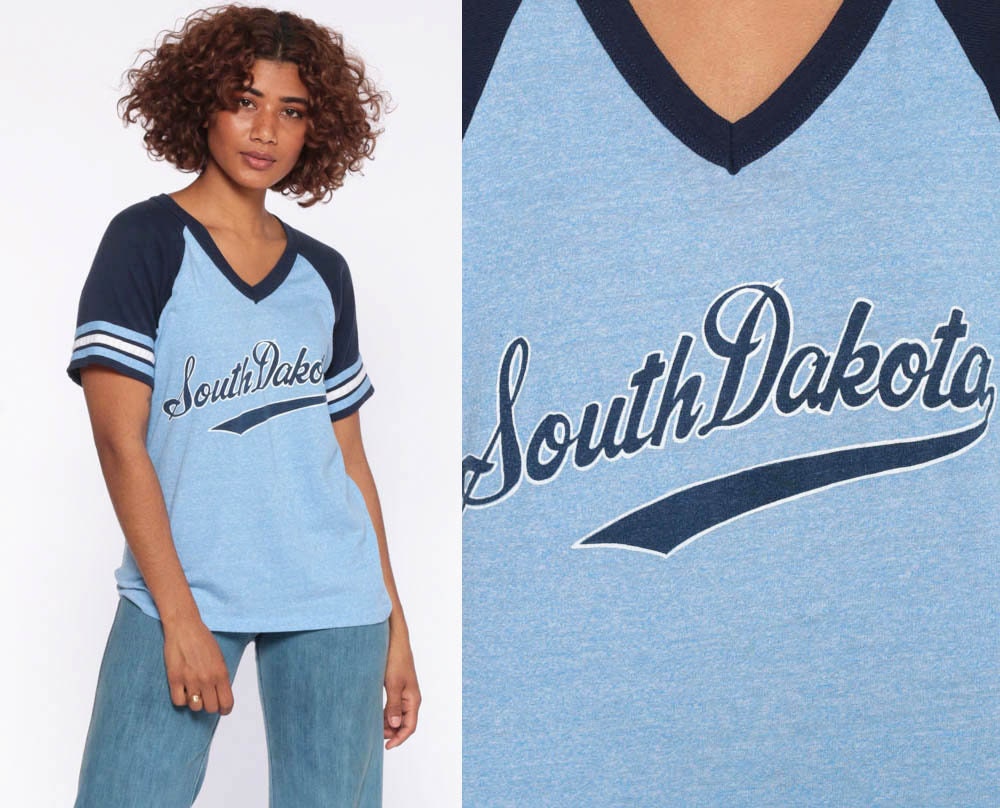 70s-80s South Dakota Ringer T-Shirt Blue Striped Raglan Small