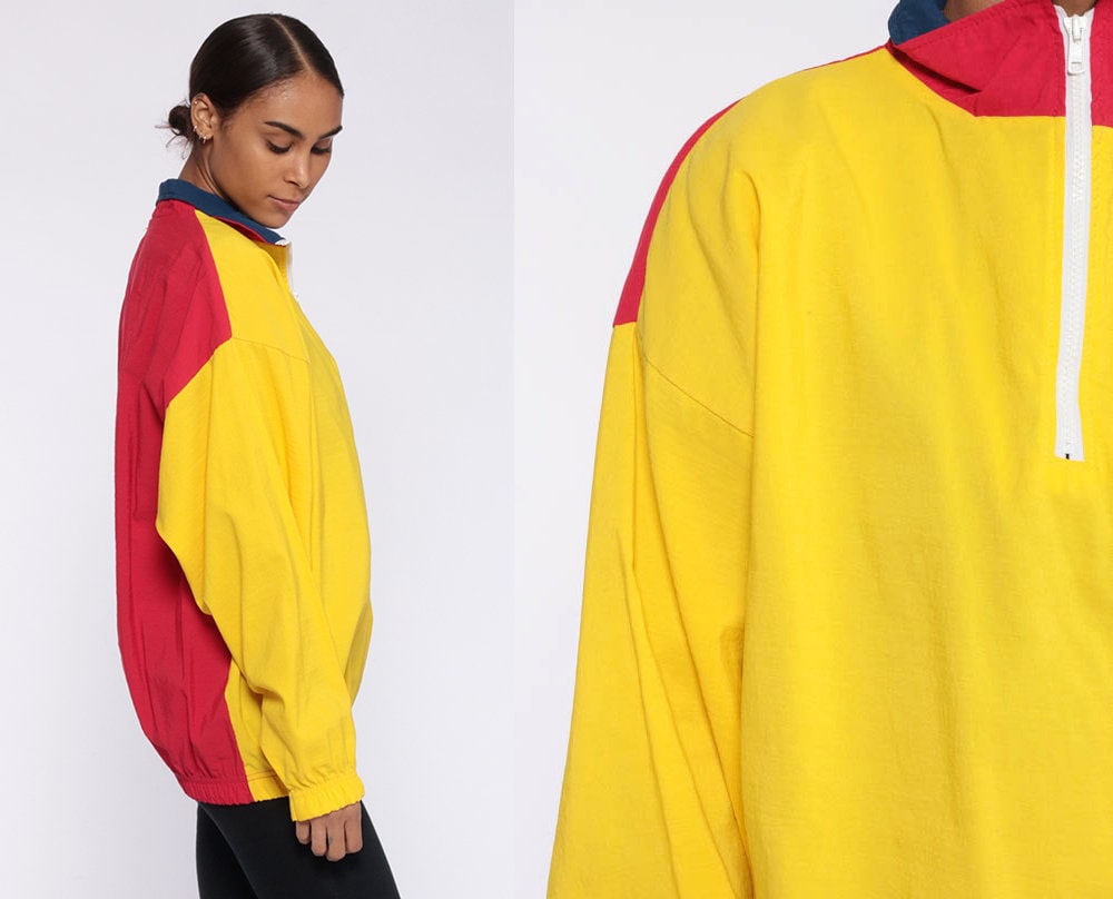 80s Colour Block Windbreaker Jacket Red Yellow Quarter Zip Extra Large