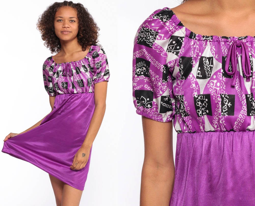 70s Purple Psychedelic Babydoll Mini Dress Empire Waist Extra Small