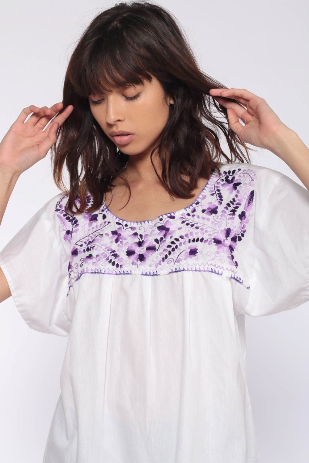 90s Mexican Embroidered Blouse Purple Floral Cotton Tunic Small Medium