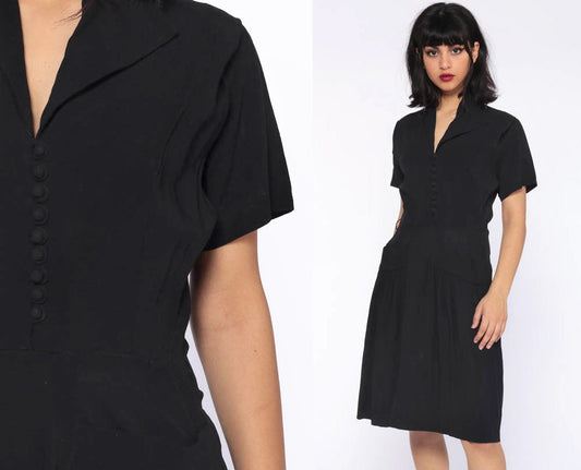 1940s Black Crepe Dress Asymmetrical Collar High Waist Midi Short Sleeve Extra Small