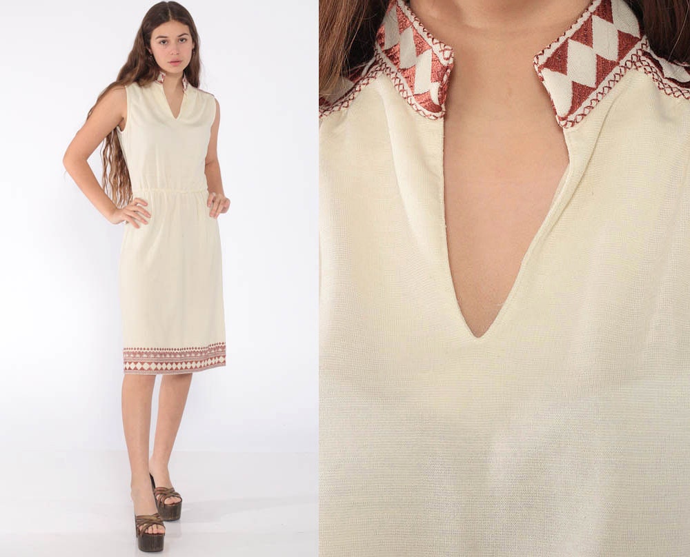 70s Cream Midi Dress High Waist Geometric Copper Trim Sleeveless Extra Small