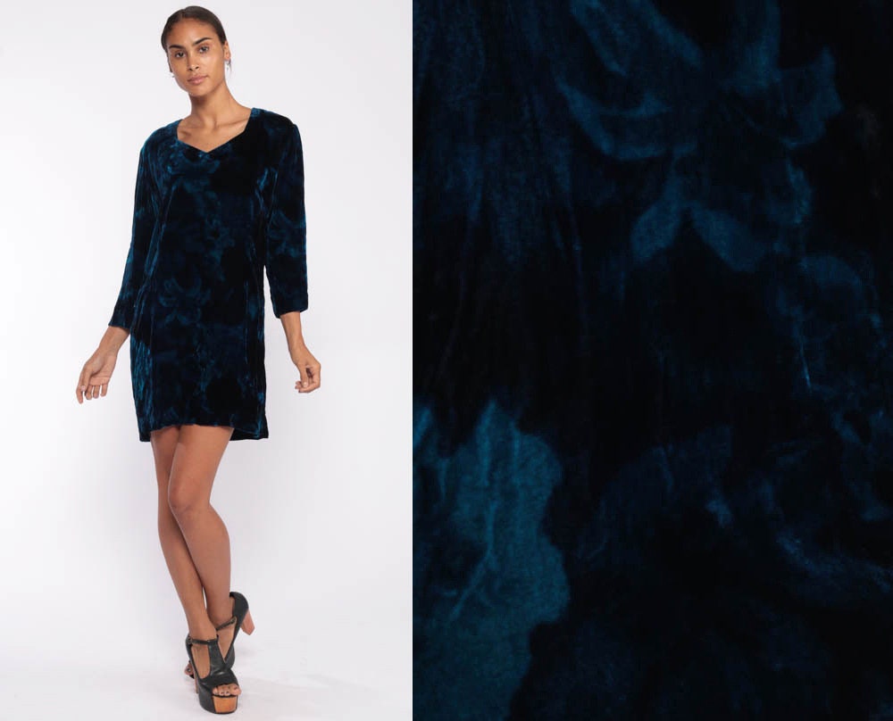 80s Blue Velvet Mini Dress Floral Tie Dye Long Sleeve Shift Medium