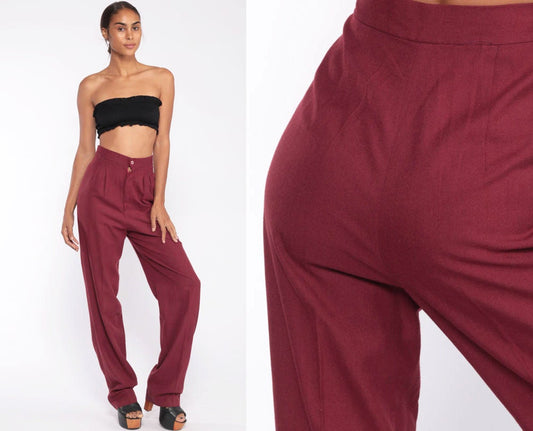 70s Burgundy High-Waist Wide-Leg Pleated Trousers Extra Small XS