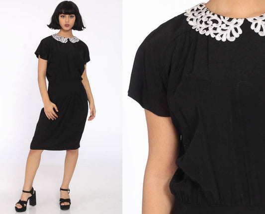 80s Black Mini Dress White Peter Pan Collar Cap Sleeve Extra Small XS