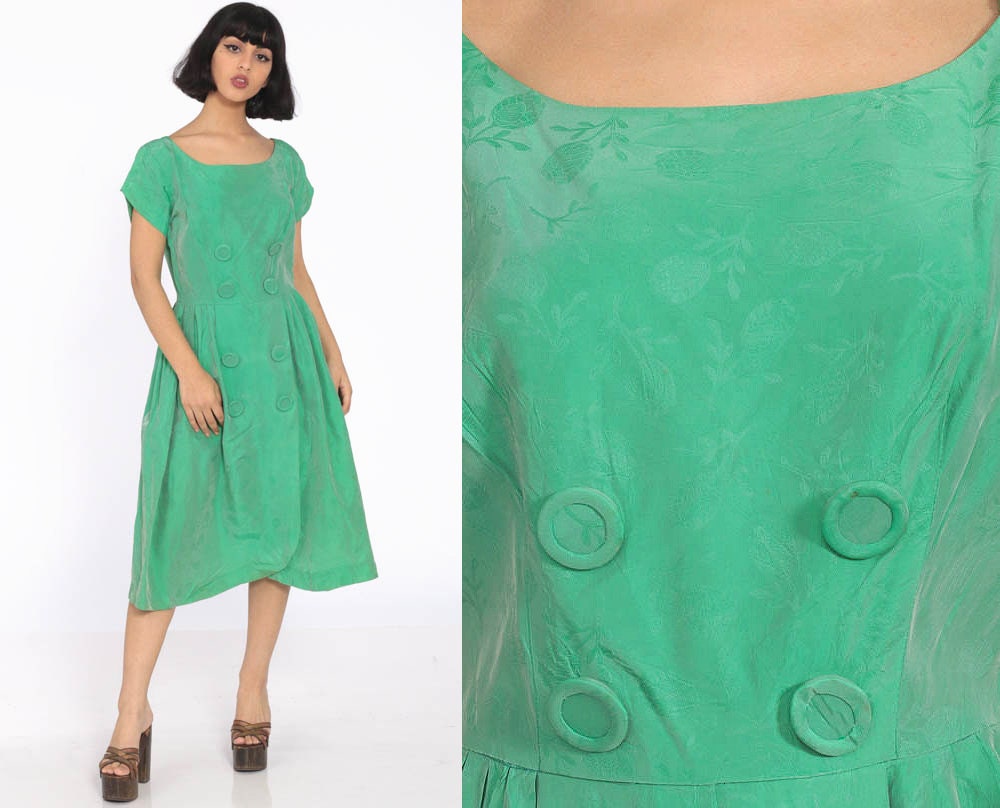 1960s Green Floral Taffeta Midi Dress Double Breasted High Waist Small