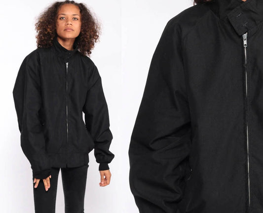 80s Black Bomber Jacket Plaid Lined Cafe Racer Moto Windbreaker Extra Large