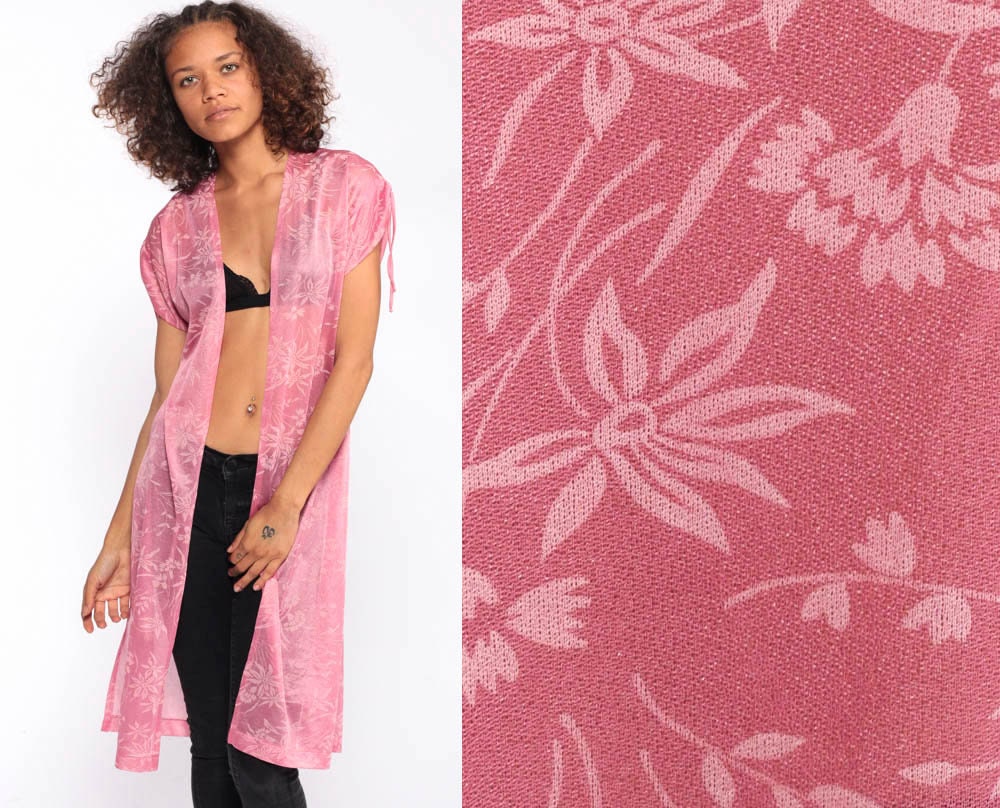 70s Pink Floral Sheer Kimono Jacket High Slit Cap Sleeve Small