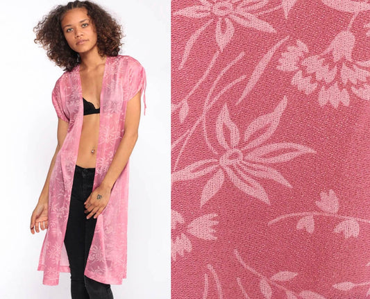 70s Pink Floral Sheer Kimono Jacket High Slit Cap Sleeve Small