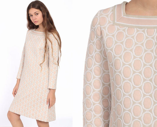70s Geometric Shift Minidress Long Sleeve Pink Op Art Mini Dress Small