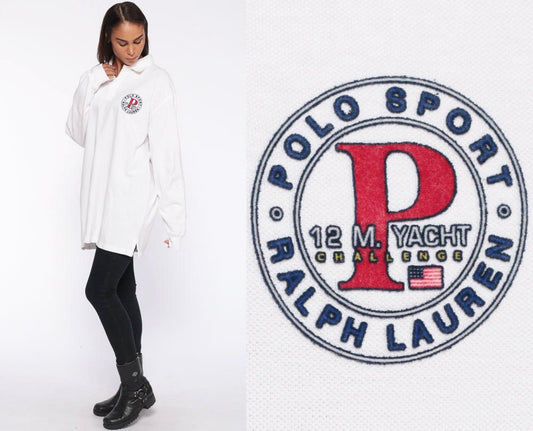 Ralph Lauren Polo Shirt Yacht Challenge 90s Long Sleeve White Cotton Extra Large