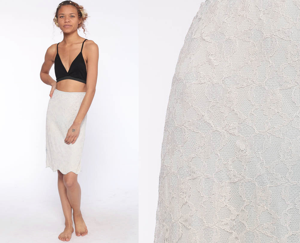 70s Blue Lace Half Slip Midi Skirt High Waisted Nylon Lingerie Extra Small